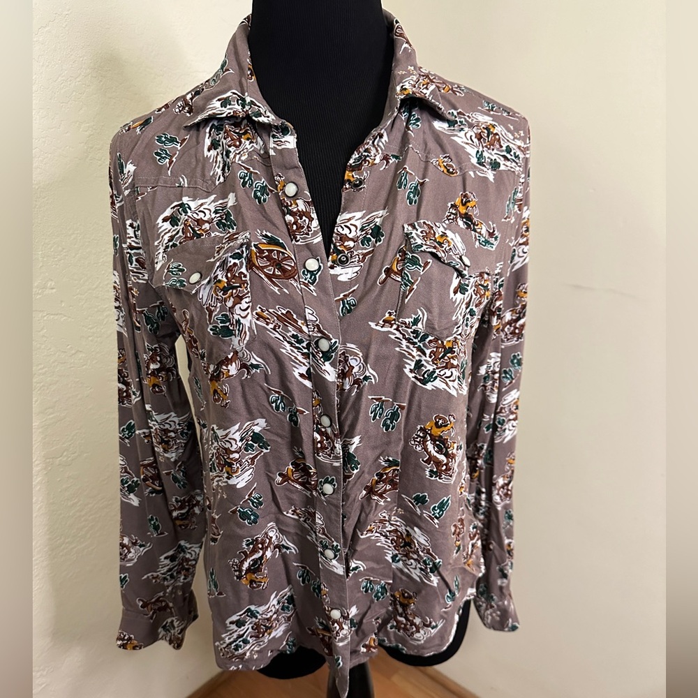 Cruel Denim Western Print Cowboy Cowgirl Shirt Pearl Snap Long Sleeve Shirt Med